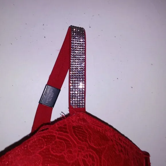 Victoria Secret Bra Push Up Red Silver Shine Strap Logo Lace Long Line Very Sexy Bras